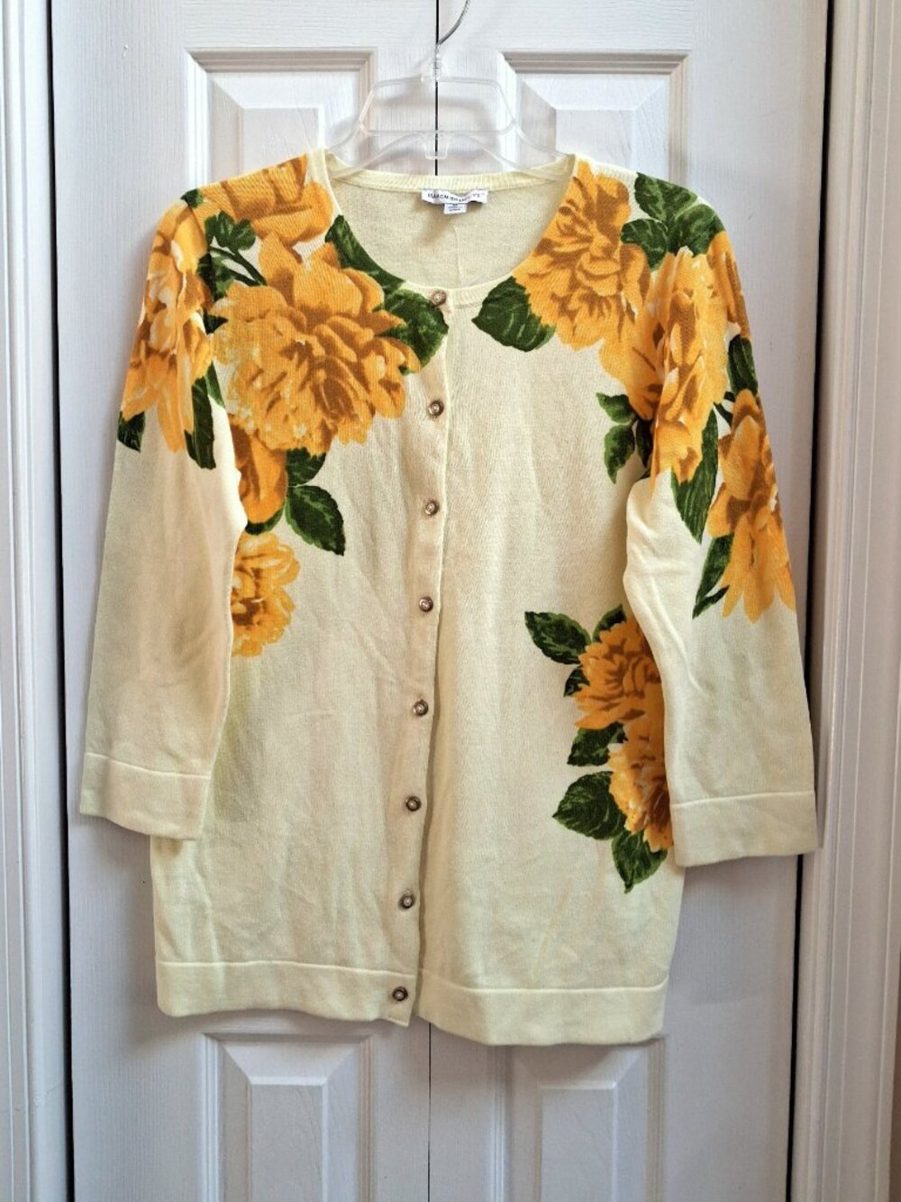 NWOT ISAAC MIZRAHI LIVE! Yellow Floral 3/4 Sleeve Knit Cardigan Sweater sz M